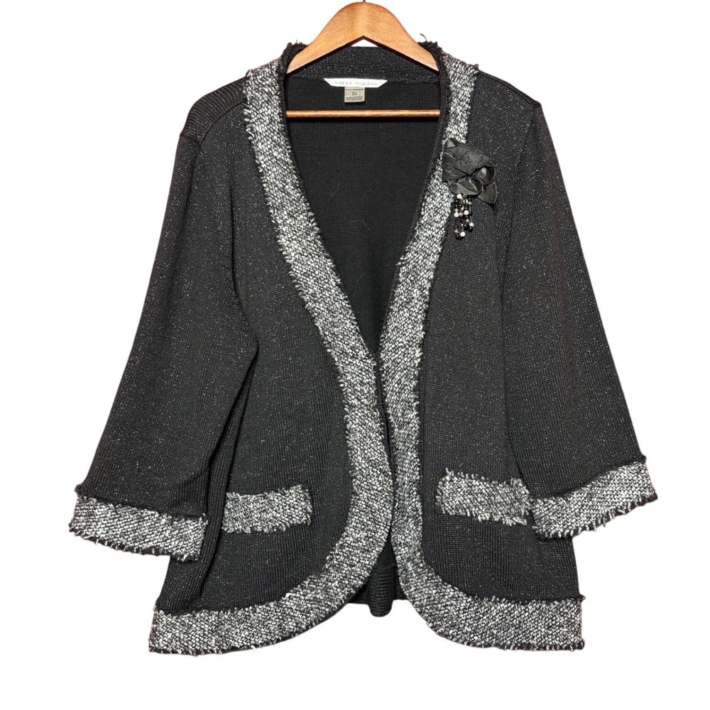 Peter Nygard Cardigan Women 2X Black Metallic Tweed Trim Open Front Chanel Inspo